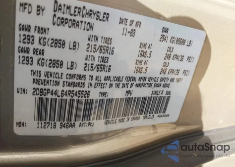 2004 Dodge Grand Caravan Sxt from USA, damaged, VIN 2D8GP44L64R545526